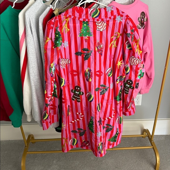 Queen of Sparkles Festive Pink Striped Christmas Collar Dress-fully sequined - Picture 3 of 6